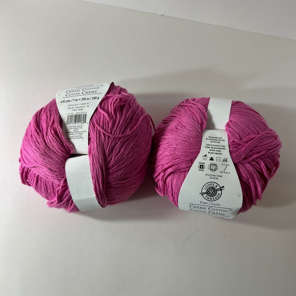 Loops & Threads Yarn Creme Cotton Pink Rose #19 432yds/ 7oz 200g x 2 New